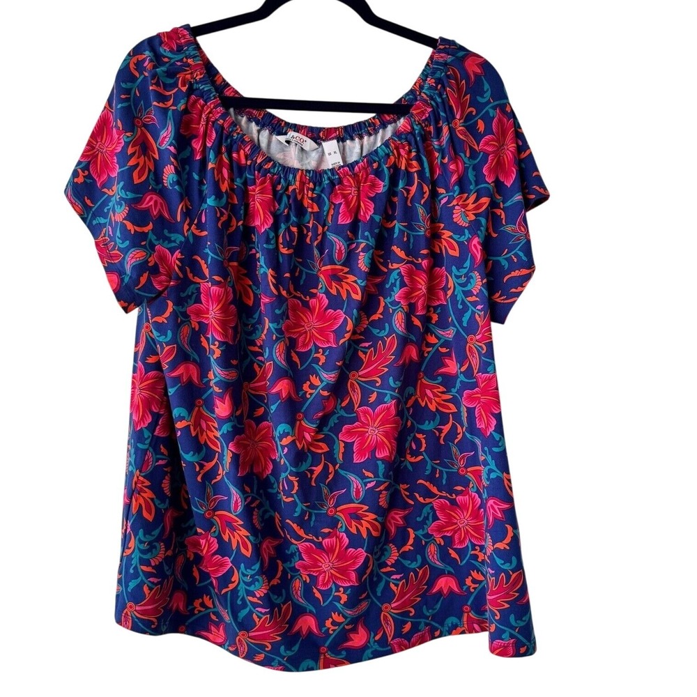 Denim & Co Floral Scoop Neck Short Sleeve Top Blue Pink XL